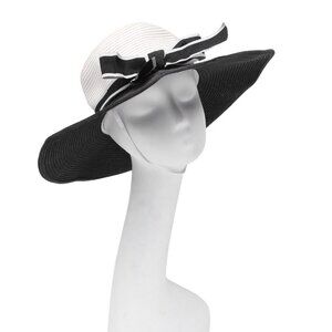 Large Brim Black White Summer Hat Ribbon Classic Faux Straw Wedding Party Event